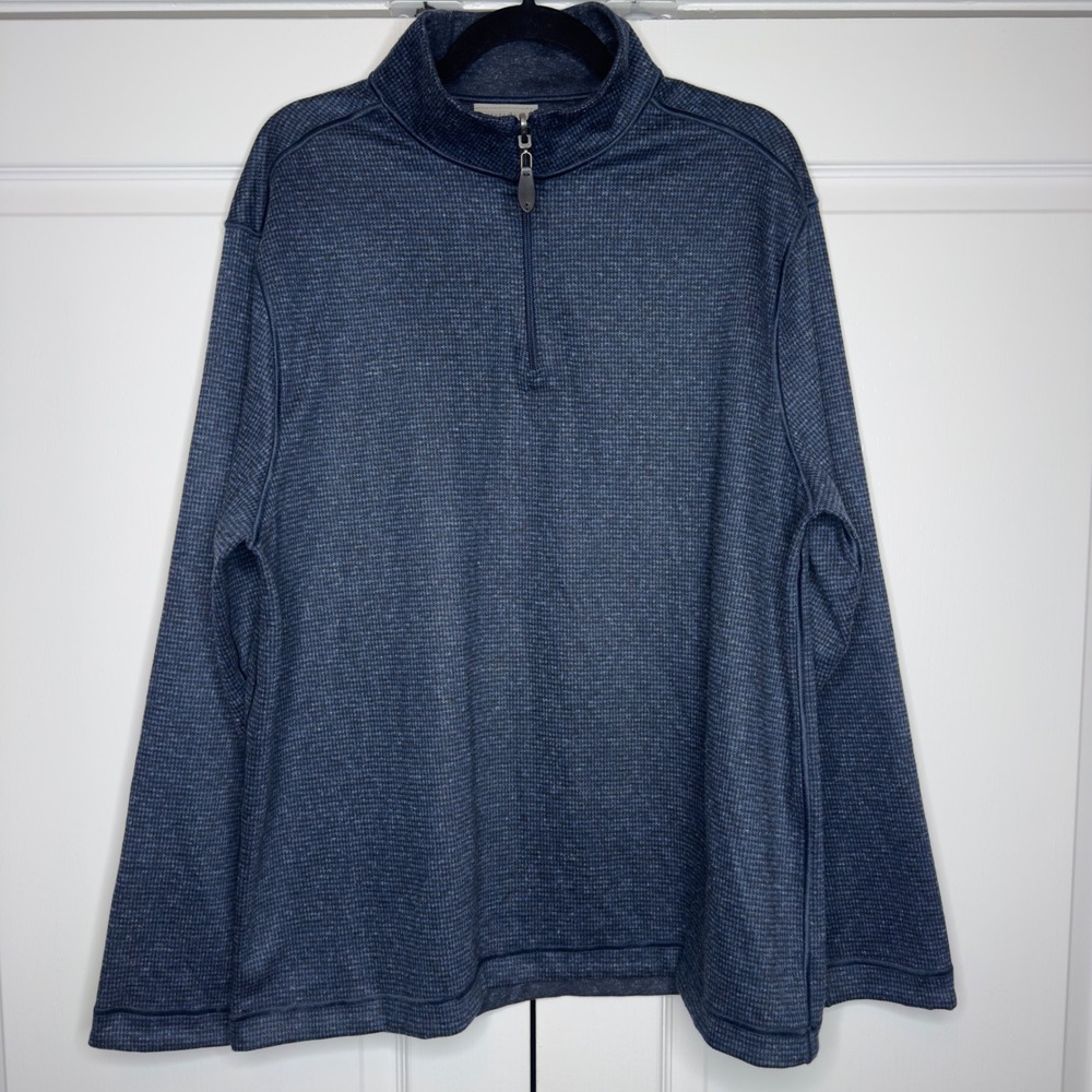 Age of Wisdom Pullover Mens XL Blue Reversible Linen Wool Blend 1/4 Zip EUC